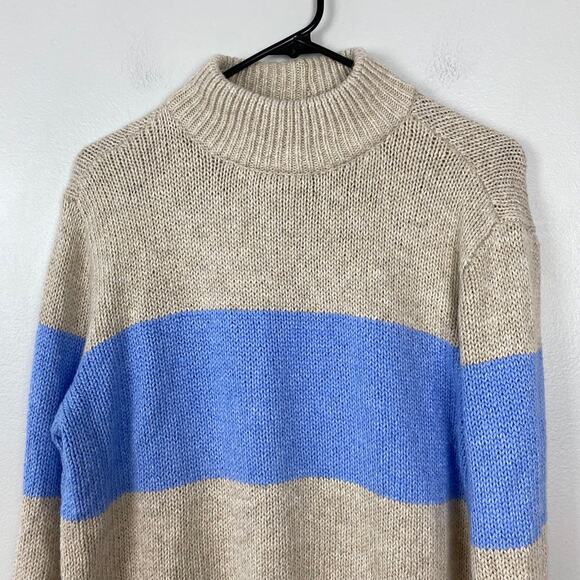 Aerie Mock Neck Sweater Blue Tan Striped Casual Cozy Pullover Size XS - Picture 2 of 11